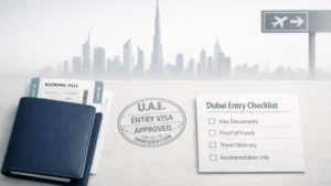 Visa Requirement for Dubai illustrated with a passport, boarding pass, UAE entry visa approval stamp, and a Dubai entry checklist on a clean desk with a subtle Dubai skyline background.