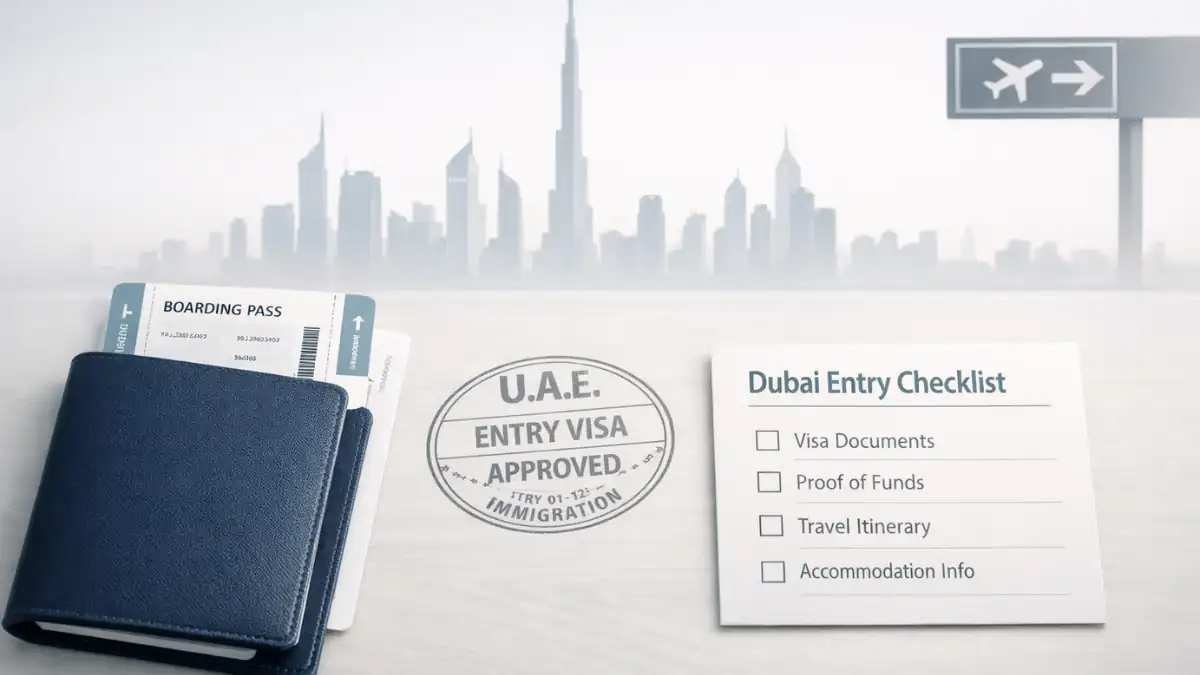 Visa Requirement for Dubai illustrated with a passport, boarding pass, UAE entry visa approval stamp, and a Dubai entry checklist on a clean desk with a subtle Dubai skyline background.