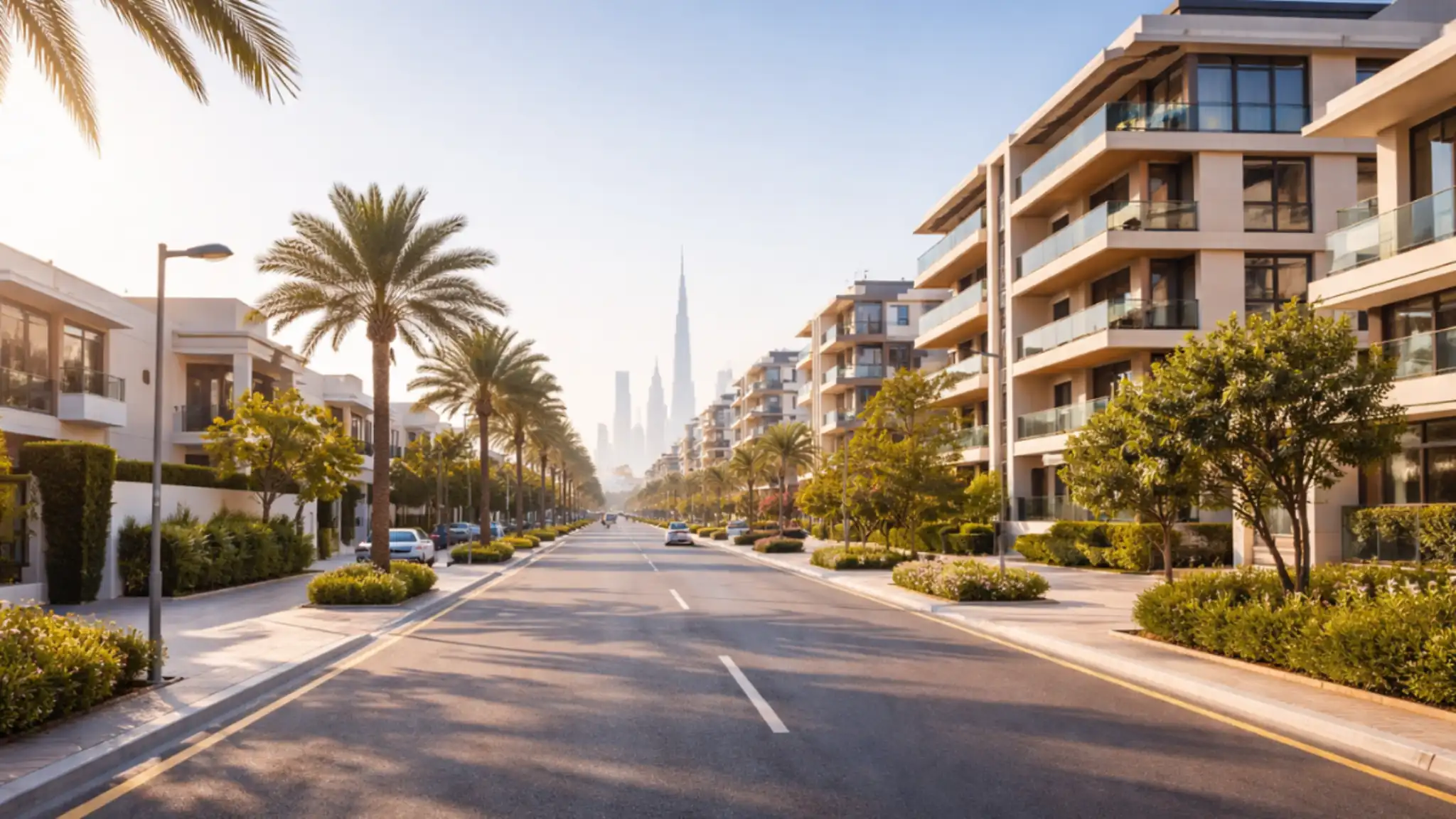 Modern residential street in Al Wasl, Dubai, lined with palm trees and contemporary apartments, with the Burj Khalifa visible in the distance under a clear sky.