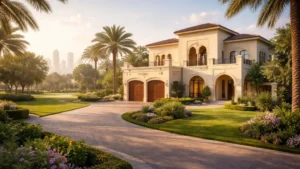 Luxury villa and landscaped street in Arabian Ranches 1, Dubai, a family- friendly residential community with palm trees and green parks.