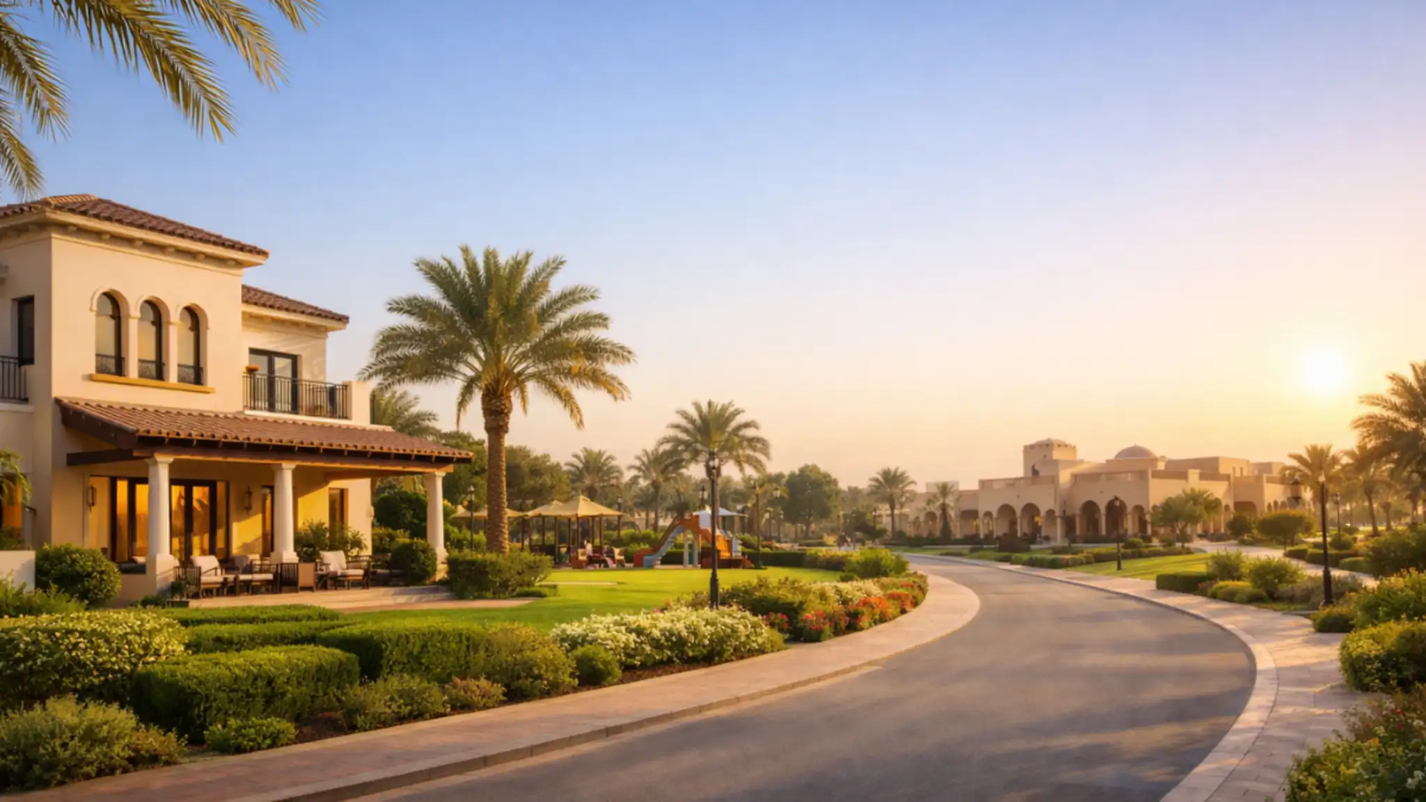 Luxury Mediterranean villa and landscaped park in Arabian Ranches 2 Dubai with palm trees and quiet residential street at sunset.