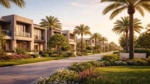 Modern villas and palm-lined street in Arabian Ranches 3, Dubai’s family- friendly suburban villa community at golden hour.