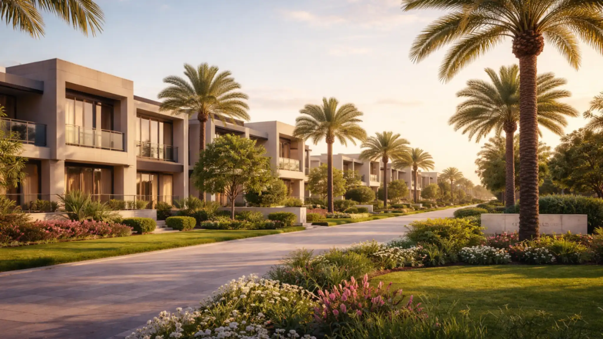 Modern villas and palm-lined street in Arabian Ranches 3, Dubai’s family- friendly suburban villa community at golden hour.