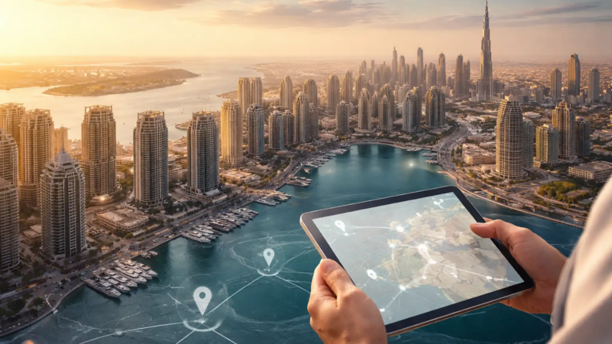 Aerial view of Dubai Marina skyline with the Burj Khalifa in the distance and a digital map on a tablet highlighting locations, representing the best areas to buy property in Dubai.
