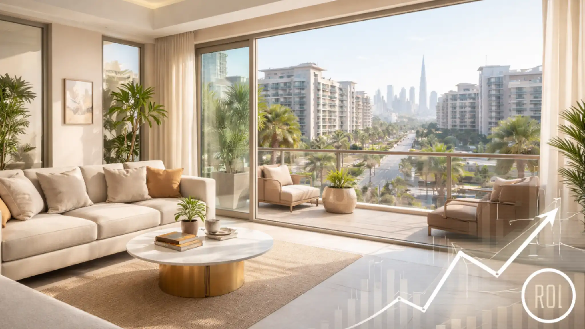 Buy Apartment in Dubai Silicon Oasis – modern luxury apartment interior with balcony overlooking palm-lined community and Dubai skyline, featuring subtle investment growth concept.