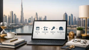 Desk with laptop showing payment plan timeline and Dubai skyline, illustrating how to buy property in Dubai on installments.