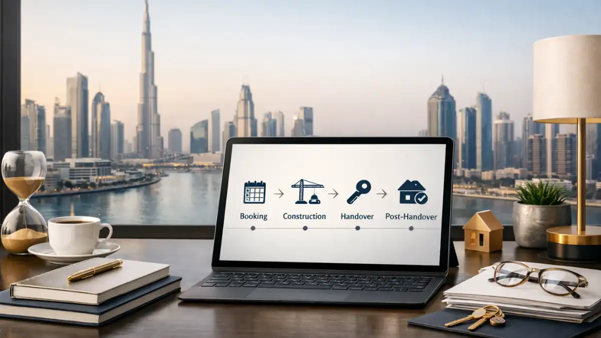 Desk with laptop showing payment plan timeline and Dubai skyline, illustrating how to buy property in Dubai on installments.