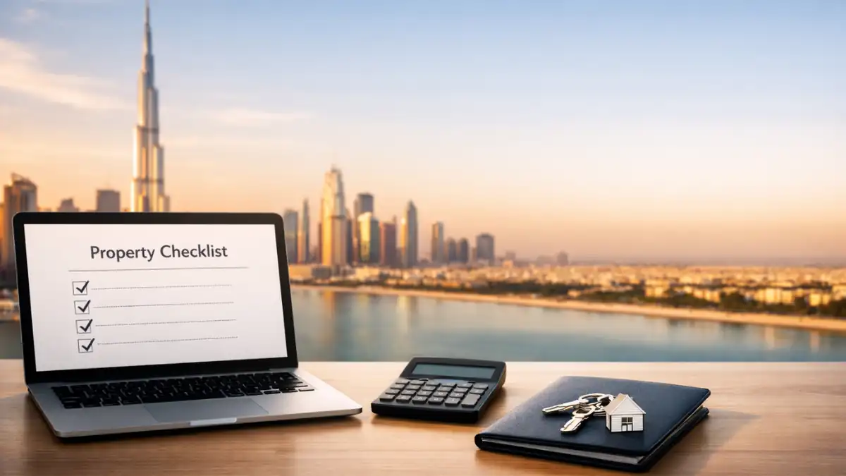 Buy Property in Dubai concept with laptop property checklist, calculator, and house keys on desk with Dubai skyline and Burj Khalifa in background.