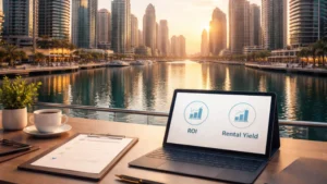 Buy a Property in Dubai Marina – investor analyzing ROI and rental yield on tablet with Dubai Marina skyline at golden hour
