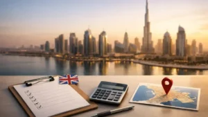Buying Investment Property in Dubai guide concept showing Dubai skyline with investment checklist, calculator and UK buyer context