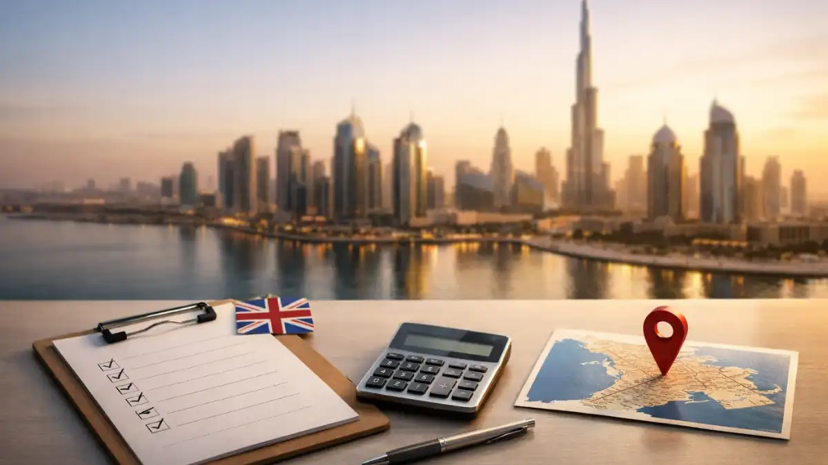 Buying Investment Property in Dubai guide concept showing Dubai skyline with investment checklist, calculator and UK buyer context