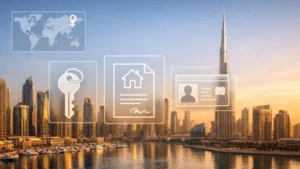 Can Foreigners Buy Property in Dubai – modern Dubai skyline with Burj Khalifa and real estate icons representing ownership, legal documents, and international property investment.