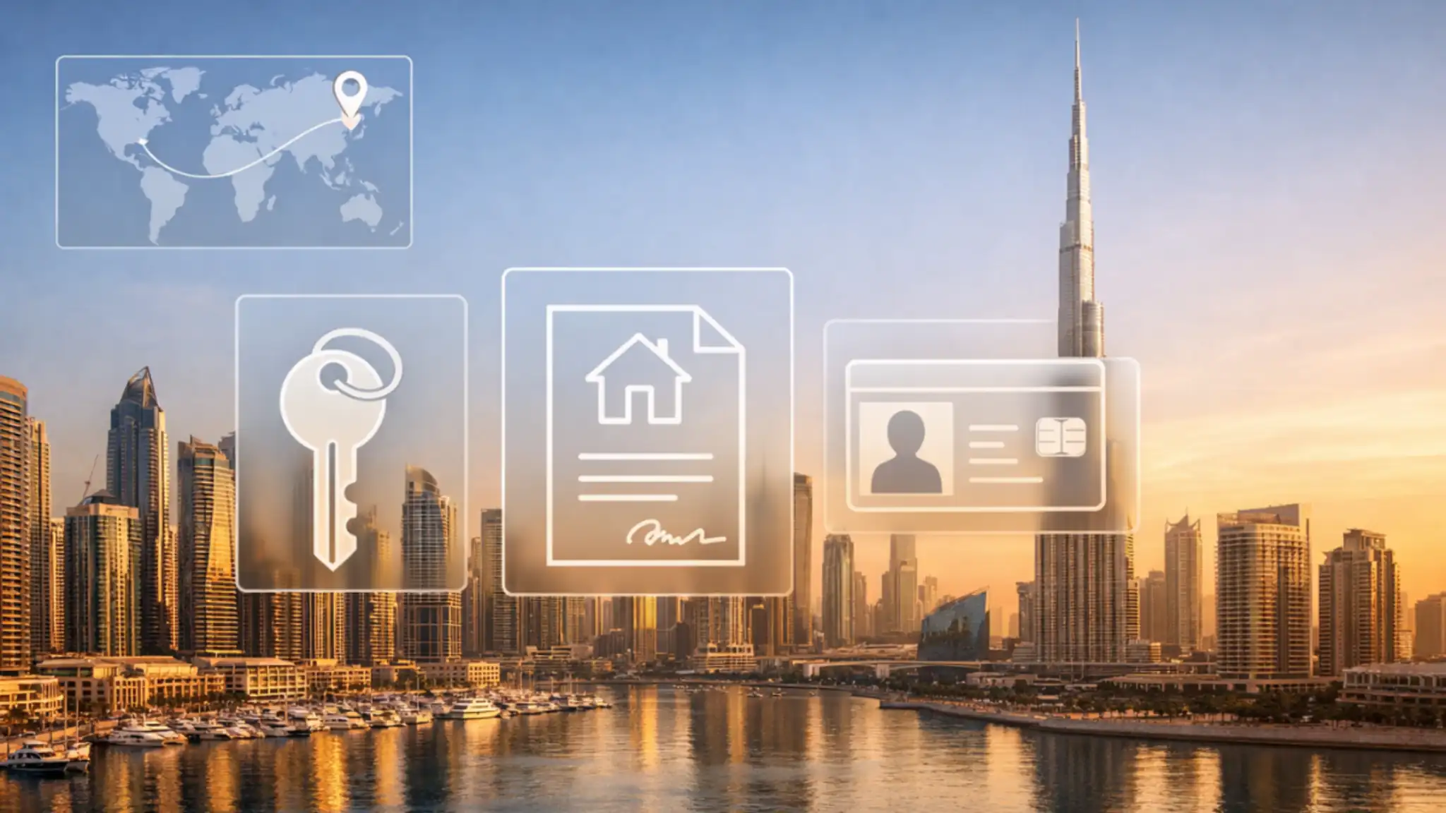 Can Foreigners Buy Property in Dubai – modern Dubai skyline with Burj Khalifa and real estate icons representing ownership, legal documents, and international property investment.