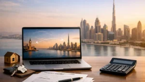 Can I Buy Property in Dubai From UK – British investor researching Dubai real estate on a laptop with property documents, keys, and calculator on a desk overlooking the Dubai skyline.