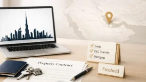 Can Non UAE Residents Buy Property in Dubai – modern real estate investor desk with property contract, keys, passport, Dubai skyline on laptop, and freehold checklist