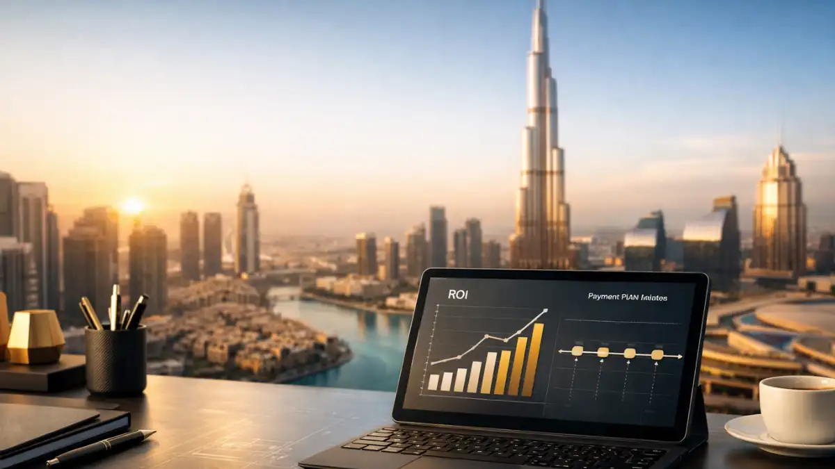Modern skyline view of Downtown Dubai Off Plan Projects featuring Burj Khalifa, luxury high-rise buildings, and a tablet displaying real estate investment growth analytics at sunset.