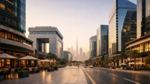 Dubai DIFC financial district at golden hour with modern glass skyscrapers, luxury cafés, and Downtown skyline in the background.
