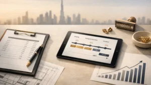 Stylish desk flat-lay showing financial worksheet, tablet payment plan timeline, ROI growth chart and Dubai skyline backdrop for Dubai Off Plan Properties investor guide