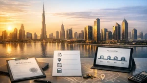 Dubai off plan properties for sale investor guide concept with Dubai skyline, Burj Khalifa at sunset, and real estate investment documents showing payment plan and property checklist.