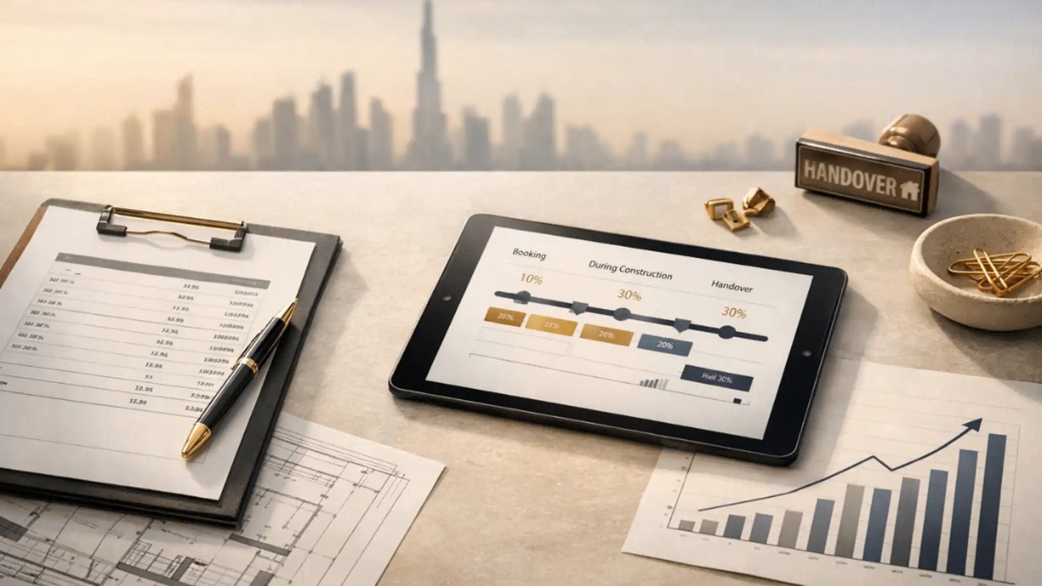 Stylish desk flat-lay showing financial worksheet, tablet payment plan timeline, ROI growth chart and Dubai skyline backdrop for Dubai Off Plan Properties investor guide