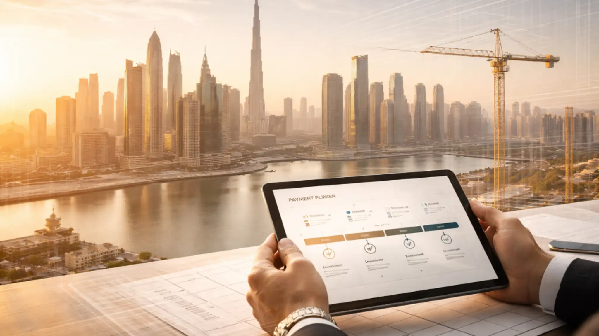 Investor reviewing payment plan on tablet with Dubai skyline and construction crane, illustrating Dubai Off Plan Property Investment opportunities.