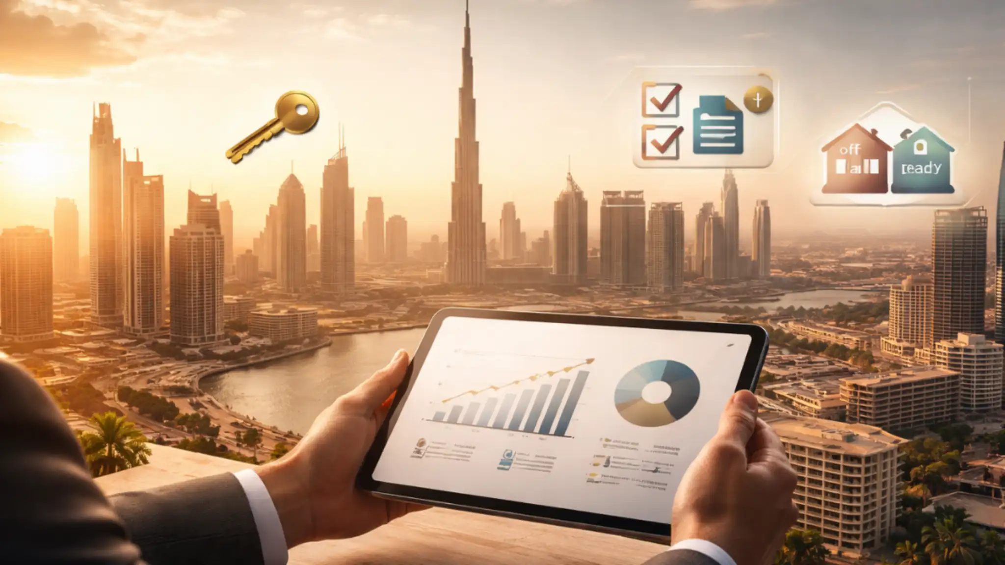 Dubai Property Investment analysis on tablet overlooking Dubai skyline with Burj Khalifa, illustrating investor research, ROI charts and off-plan vs ready property opportunities