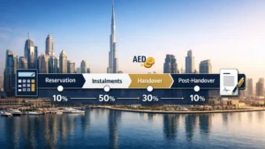Dubai Property Payment Plans infographic showing a Dubai skyline with a timeline from reservation to instalments, handover, and post-handover.
