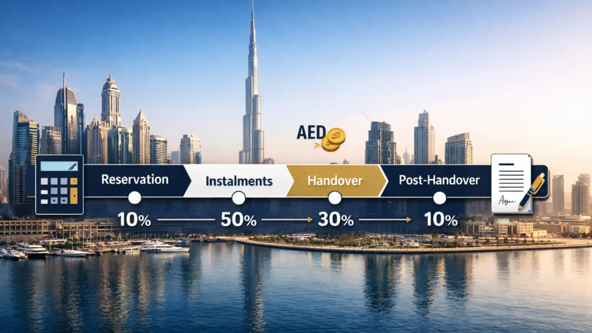 Dubai Property Payment Plans infographic showing a Dubai skyline with a timeline from reservation to instalments, handover, and post-handover.