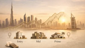 Dubai Property Prices visual showing skyline with Burj Khalifa and Burj Al Arab, illustrating real estate market growth across entry-level, mid-range, and prime properties with rising price trend chart.