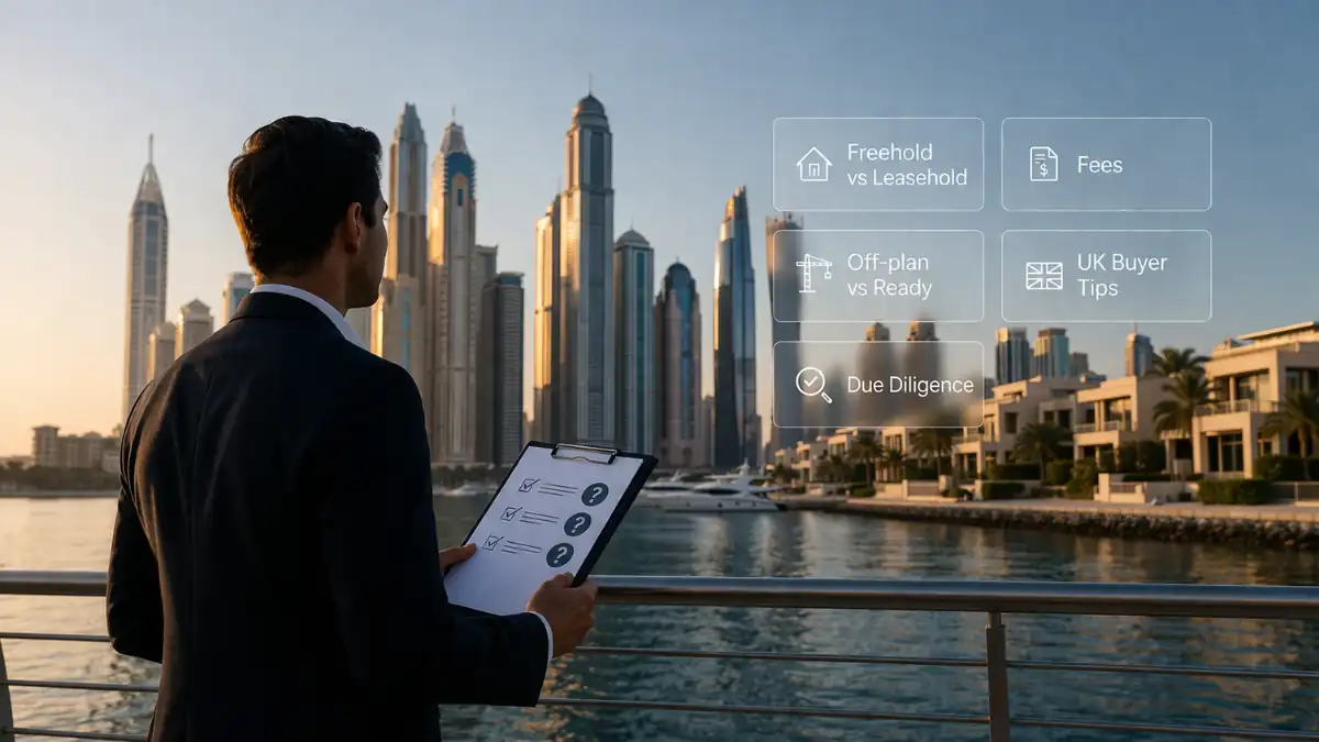 Dubai Property Questions guide – investor reviewing checklist with Dubai Marina skyline and luxury waterfront real estate.