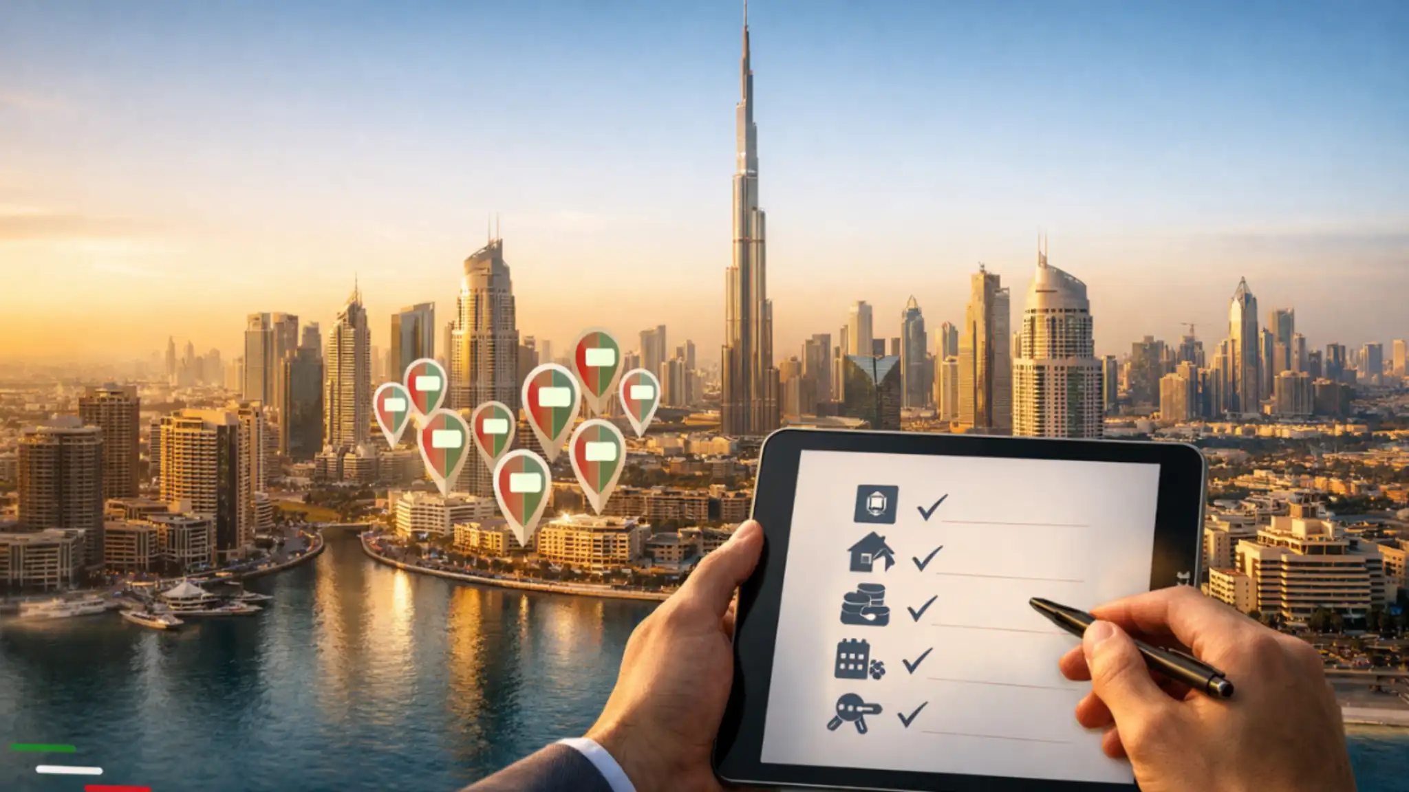 Dubai Real Estate for Foreigners concept showing Dubai skyline with map pins marking freehold areas and a buyer reviewing a property checklist on a tablet.