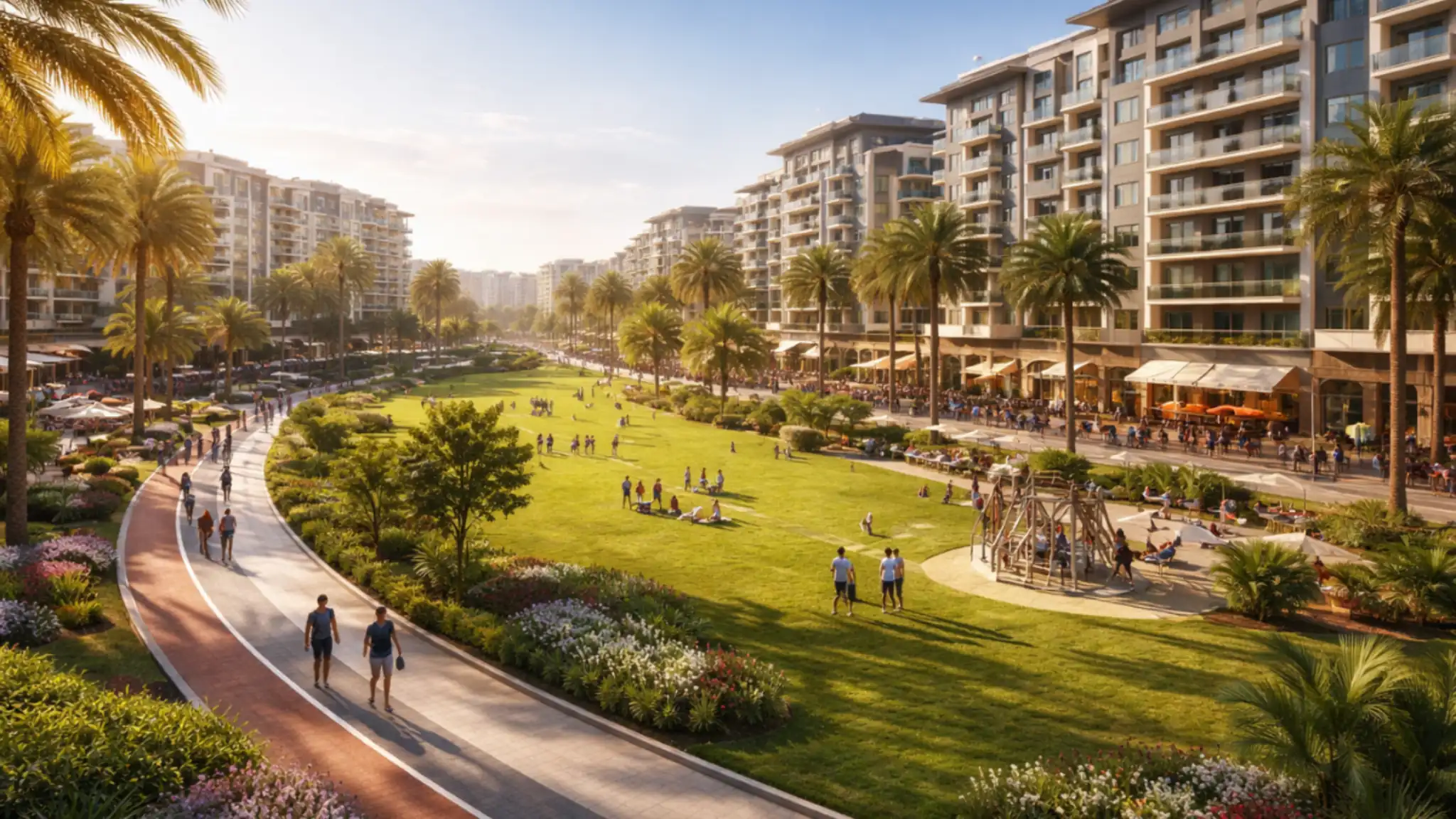 Dubai Town Square master-planned community with landscaped park, jogging track, cafés and modern mid-rise apartments in warm afternoon light.