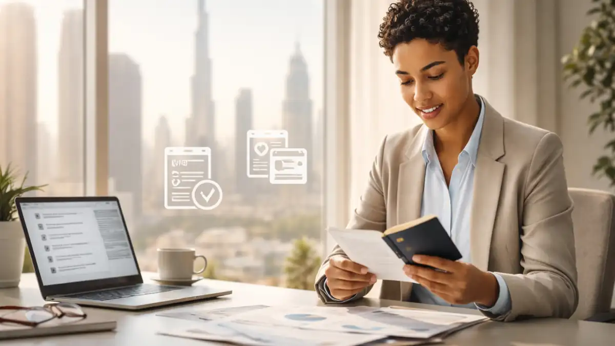 Dubai Visa Work process — foreign professional reviewing passport and employment documents in a Dubai office with skyline view.