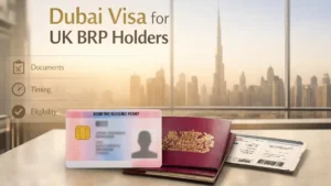 Dubai Visa for UK BRP Holders with passport, biometric residence permit card, and Dubai skyline in background