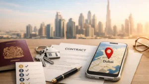 How to Buy a House in Dubai guide for UK buyers featuring passport, real estate contract, house keys and Dubai skyline background.
