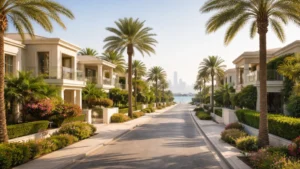 Luxury villas and palm-lined street in Jumeirah 1 Dubai with landscaped gardens and waterfront views on a sunny day