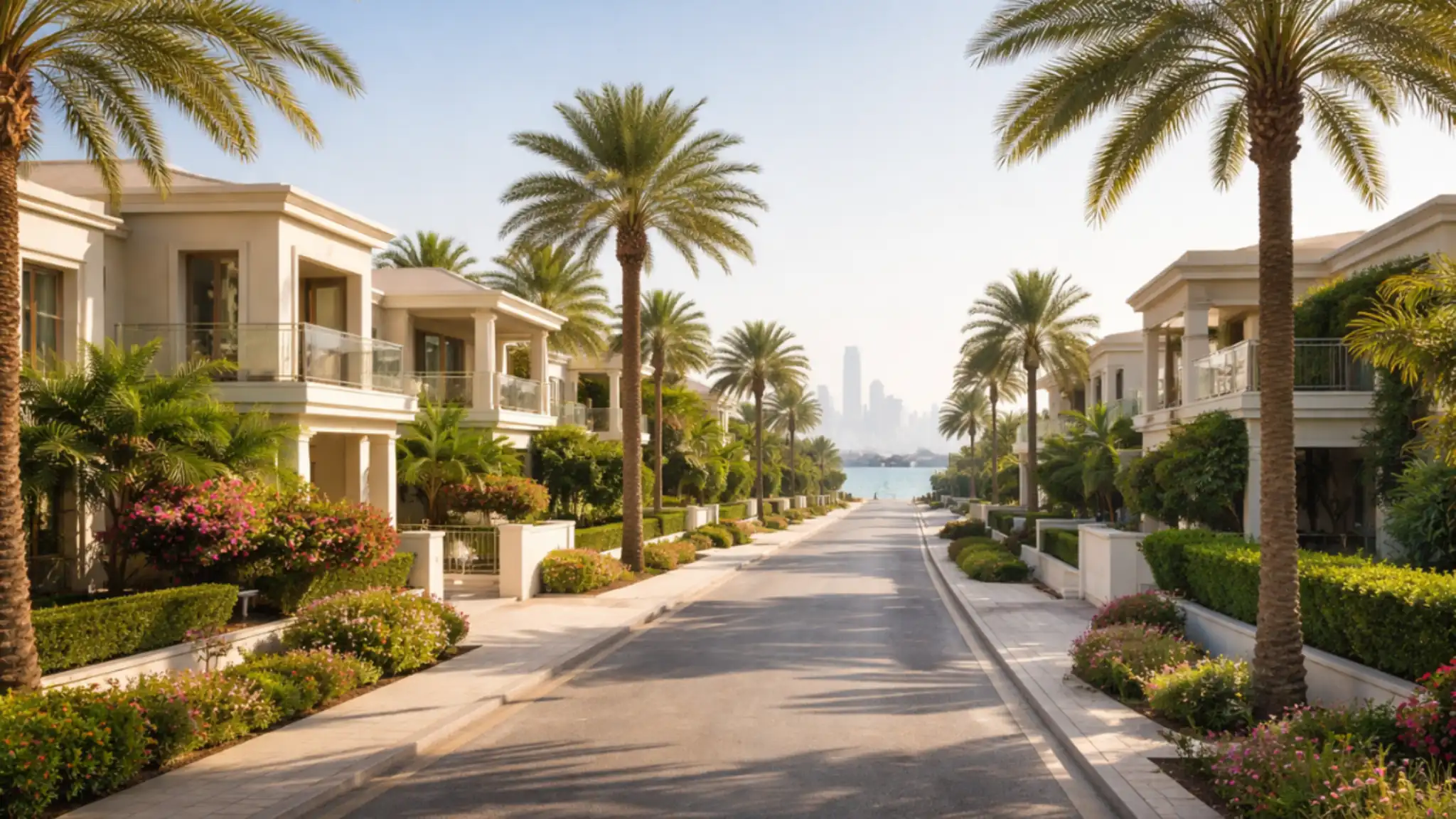 Luxury villas and palm-lined street in Jumeirah 1 Dubai with landscaped gardens and waterfront views on a sunny day