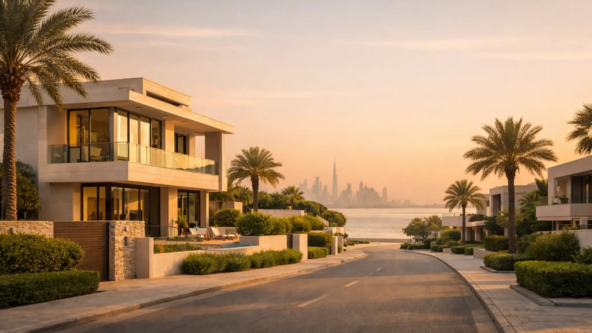 Luxury beachfront villas in Jumeirah 2 Dubai with palm-lined streets, modern architecture, and skyline views at sunset