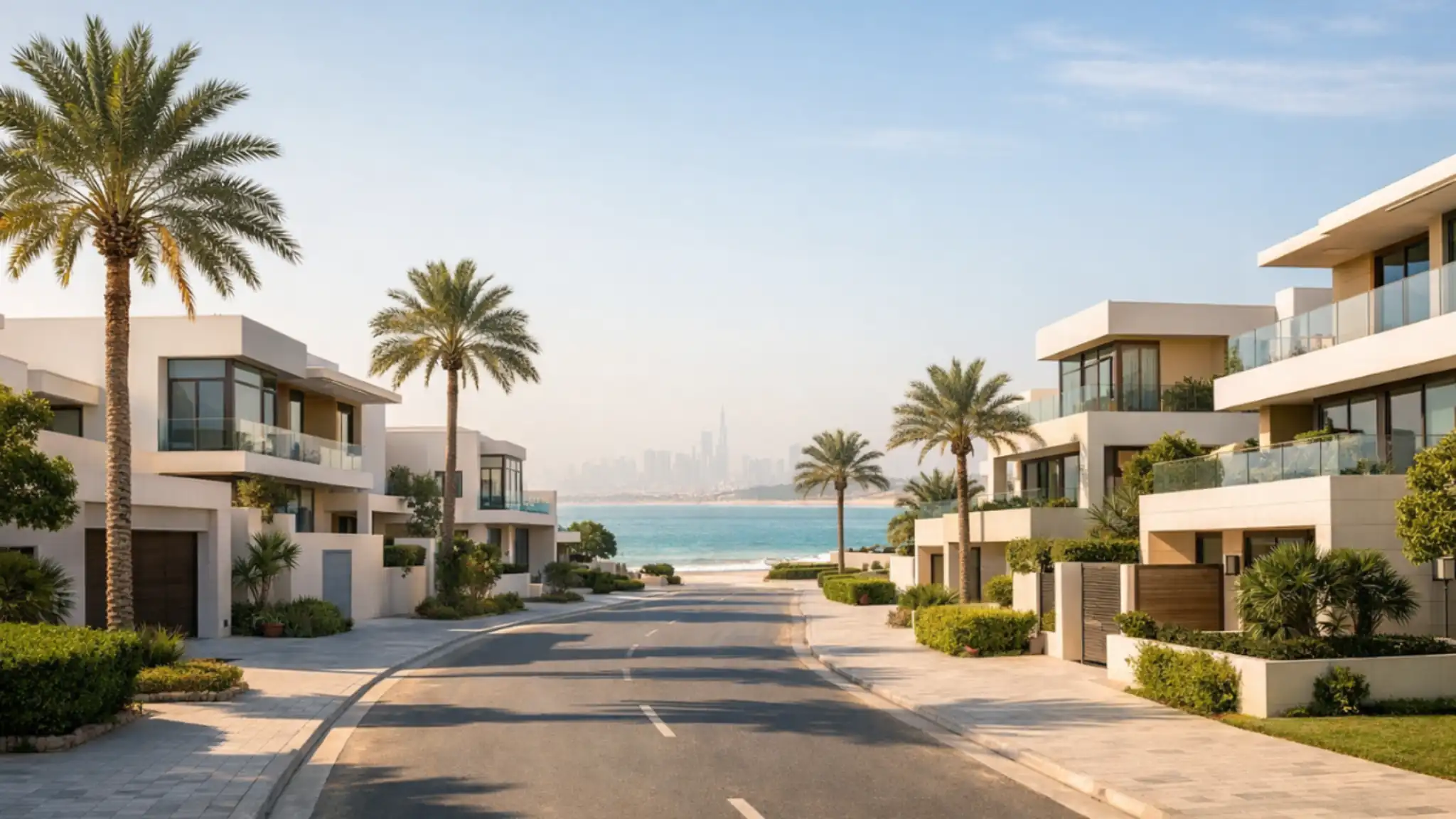 Luxury coastal villas in Jumeirah 3 Dubai with palm-lined street and sea view