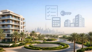 Modern Jumeirah Village Circle Property apartment building with landscaped roundabout, palm trees, and Dubai skyline in the background.