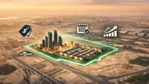 Off Plan Projects in Dubai South highlighted on a stylised aerial map with modern high-rise towers, townhouses, payment plan icon, price tag symbol and ROI growth chart in a premium real estate infographic design.