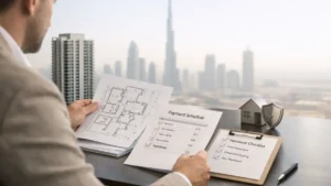 Investor reviewing floor plans and payment schedule for Off Plan Property Dubai with skyline view of modern high-rise developments in the background.