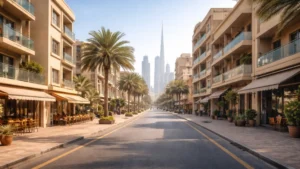 Sunlit street in Al Satwa Dubai with low-rise buildings, palm trees, local cafes, and distant Sheikh Zayed Road skyline