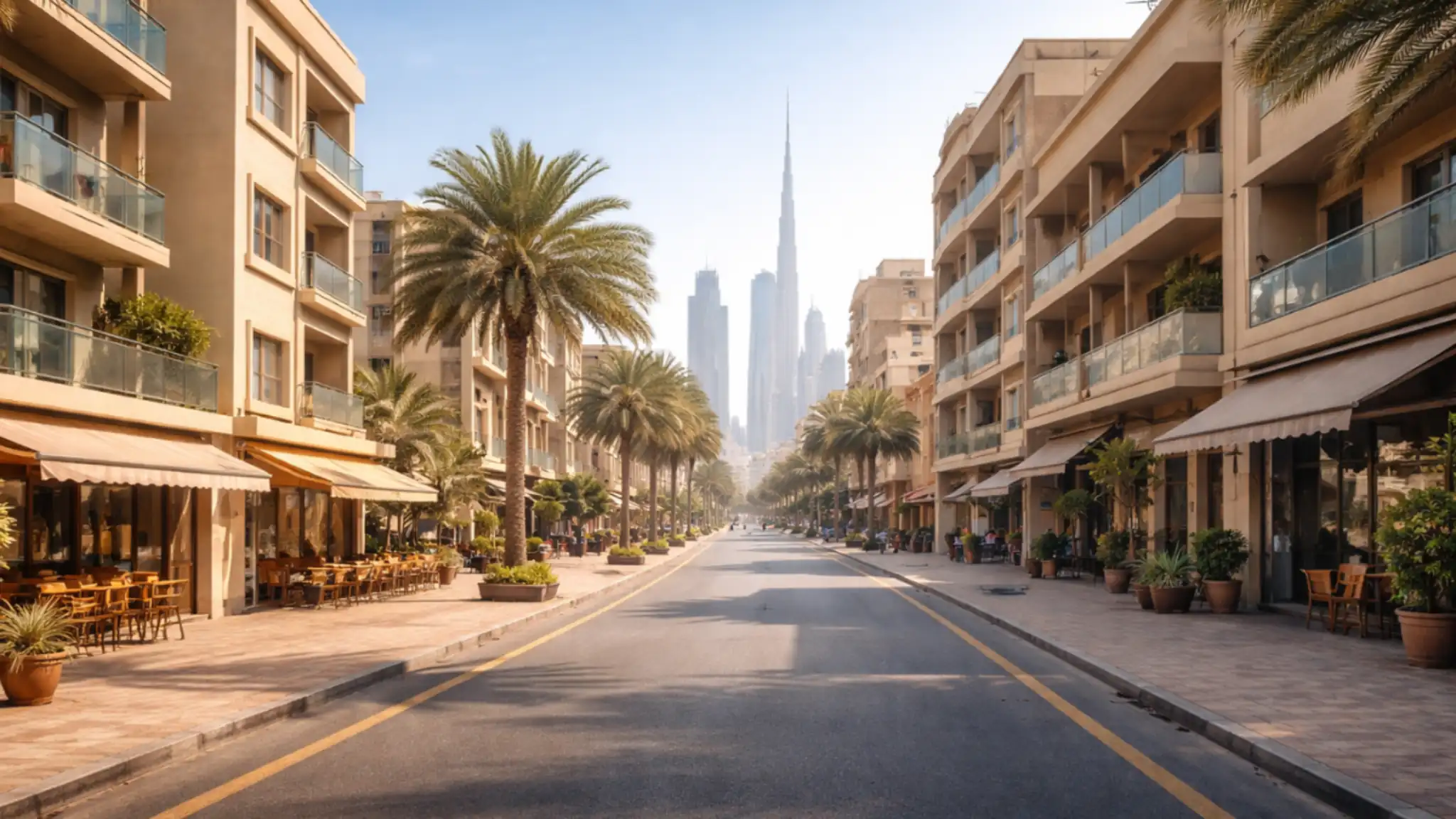 Sunlit street in Al Satwa Dubai with low-rise buildings, palm trees, local cafes, and distant Sheikh Zayed Road skyline