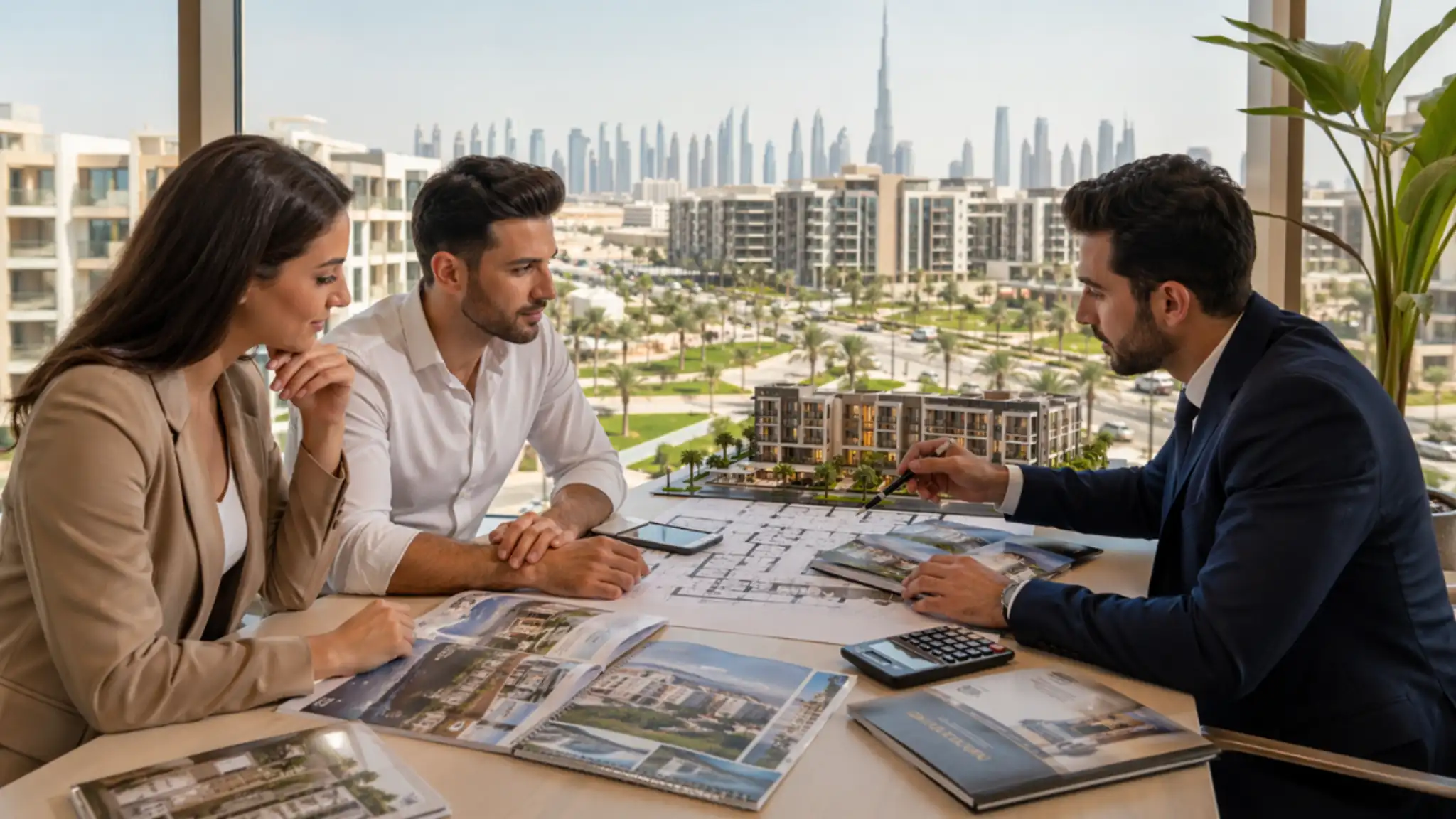 Best Off Plan Projects in Dubai South – real estate agent presenting off- plan property designs and brochures to a couple with a Dubai skyline view from a modern apartment.