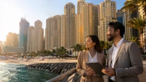 Buy Apartment in Dubai JBR – modern beachfront skyline with luxury high-rise buildings and professionals overlooking the Arabian Gulf