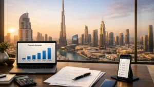 Buy Apartment in Dubai on Installments concept with modern apartment interior, Dubai skyline view, and financial planning setup with laptop and documents