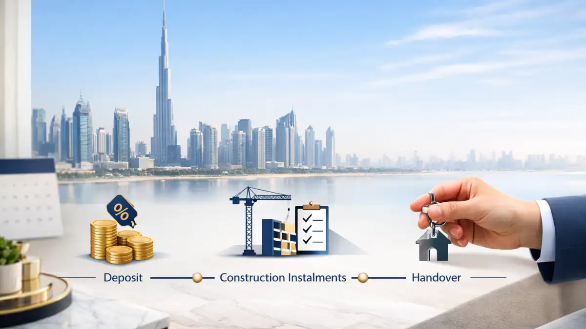 Buy Property in Dubai Payment Plan illustration showing deposit, construction installments, and handover with Dubai skyline and Burj Khalifa in the background