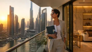 Buy Property in Dubai to Get Residency – investor holding documents on a luxury apartment balcony overlooking Dubai skyline at sunset