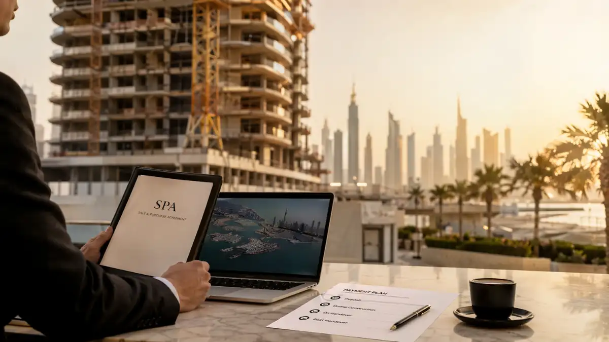 Buying Off Plan Property in Dubai Process – investor reviewing SPA contract and payment plan with skyline and construction tower in background.